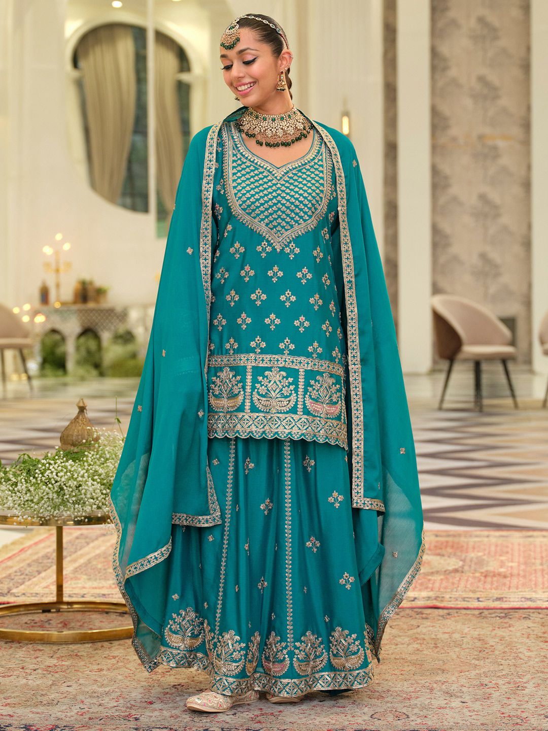 Dhiyona IE Women Ethnic Motifs Embroidered Zari Regular Kurta with Sharara & With Dupatta