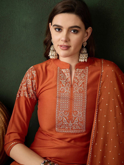 Zari Sequence Embroidered Straight Kurta & Trouser With Dupatta