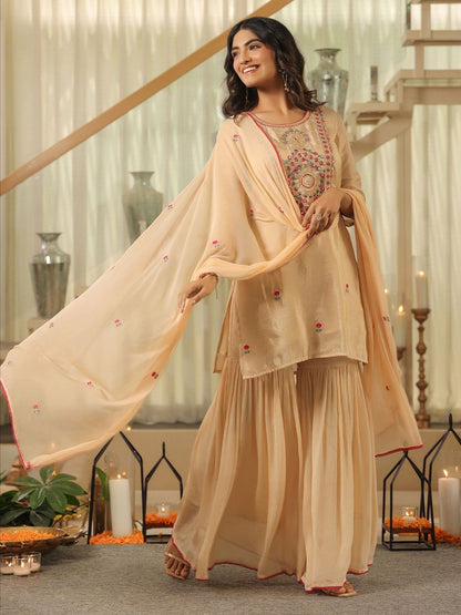 Dhiyona SC Women Ethnic Motifs Embroidered Kurta with Sharara & Dupatta
