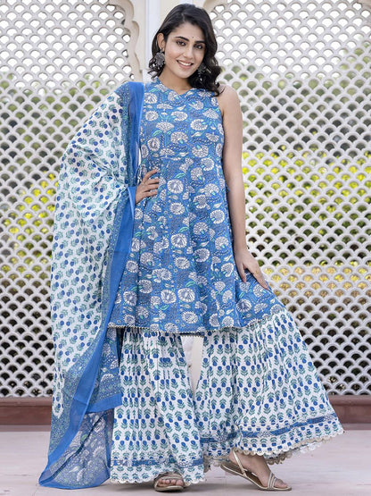 Dhiyona KL Floral Printed Anarkali Pure Cotton Kurta With Palazzos & Dupatta