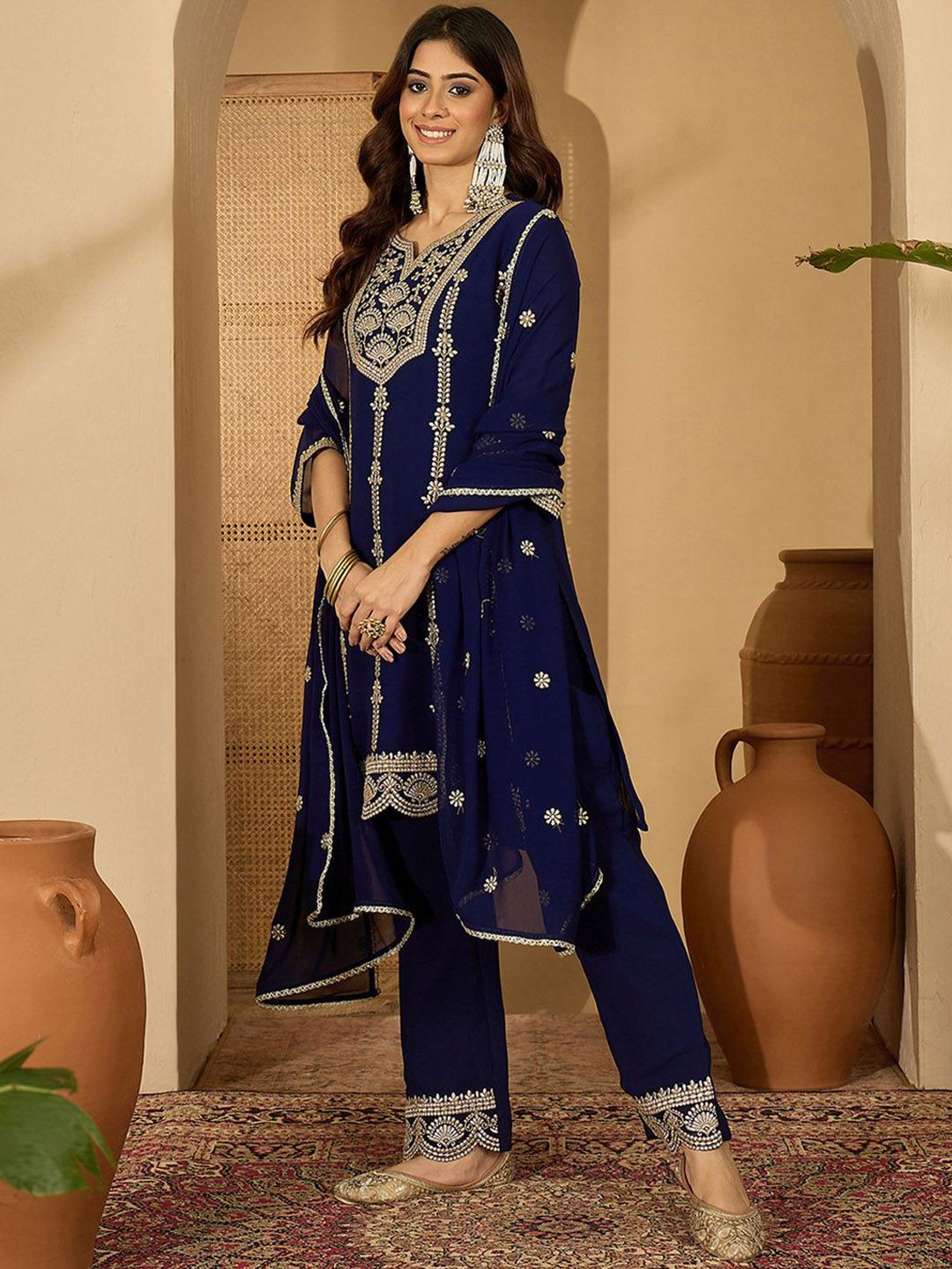 Dhiyona SN Zari Sequence Embroidered Georgette Kurta With Palazzo And Dupatta