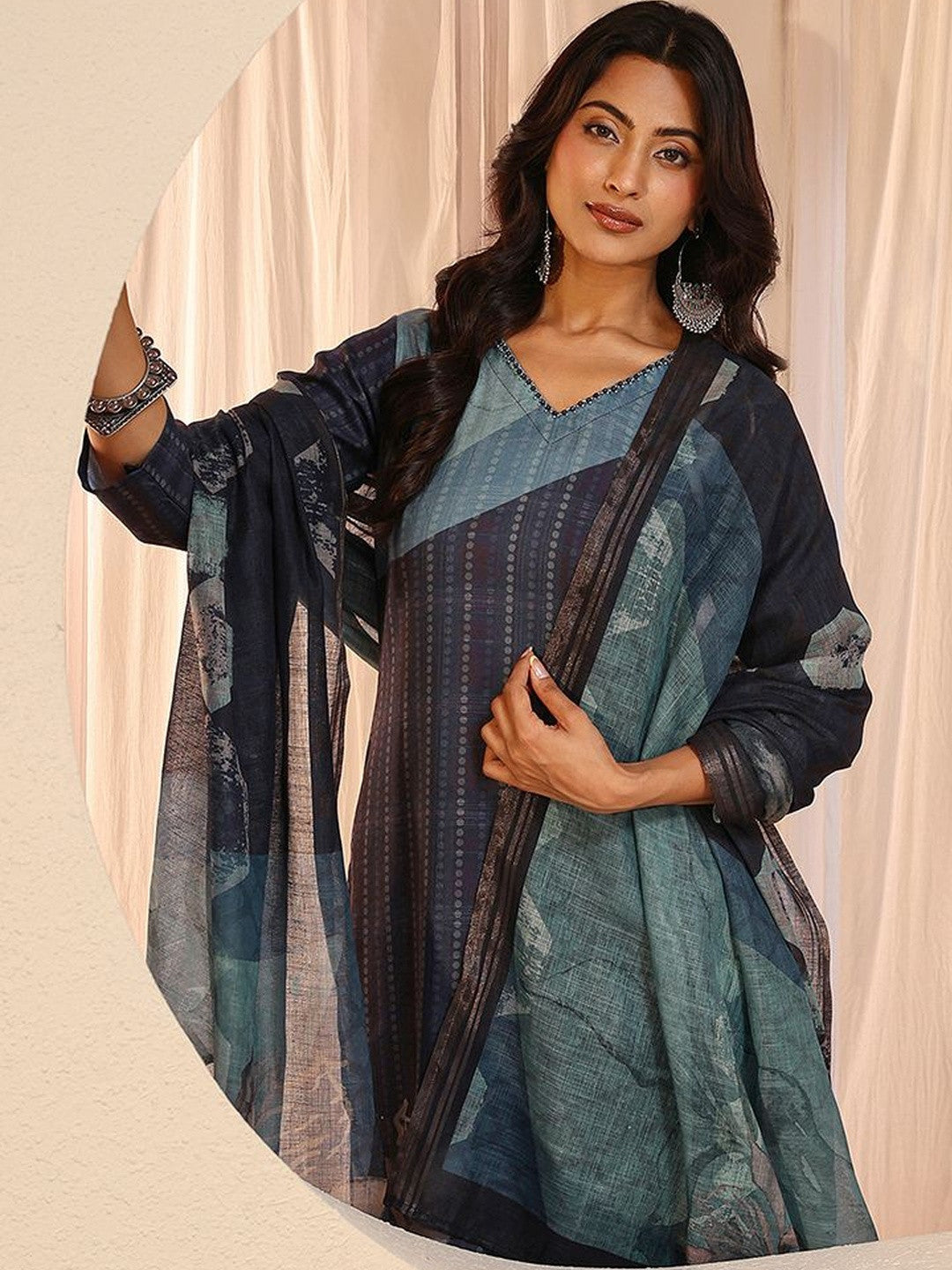 Blue Floral Printed Linen Straight Suit Set