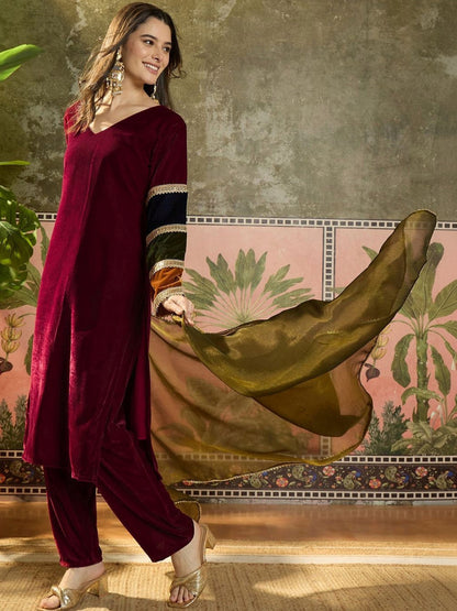 Women Velvet Embroidered Straight Kurta Pant With Dupatta Set