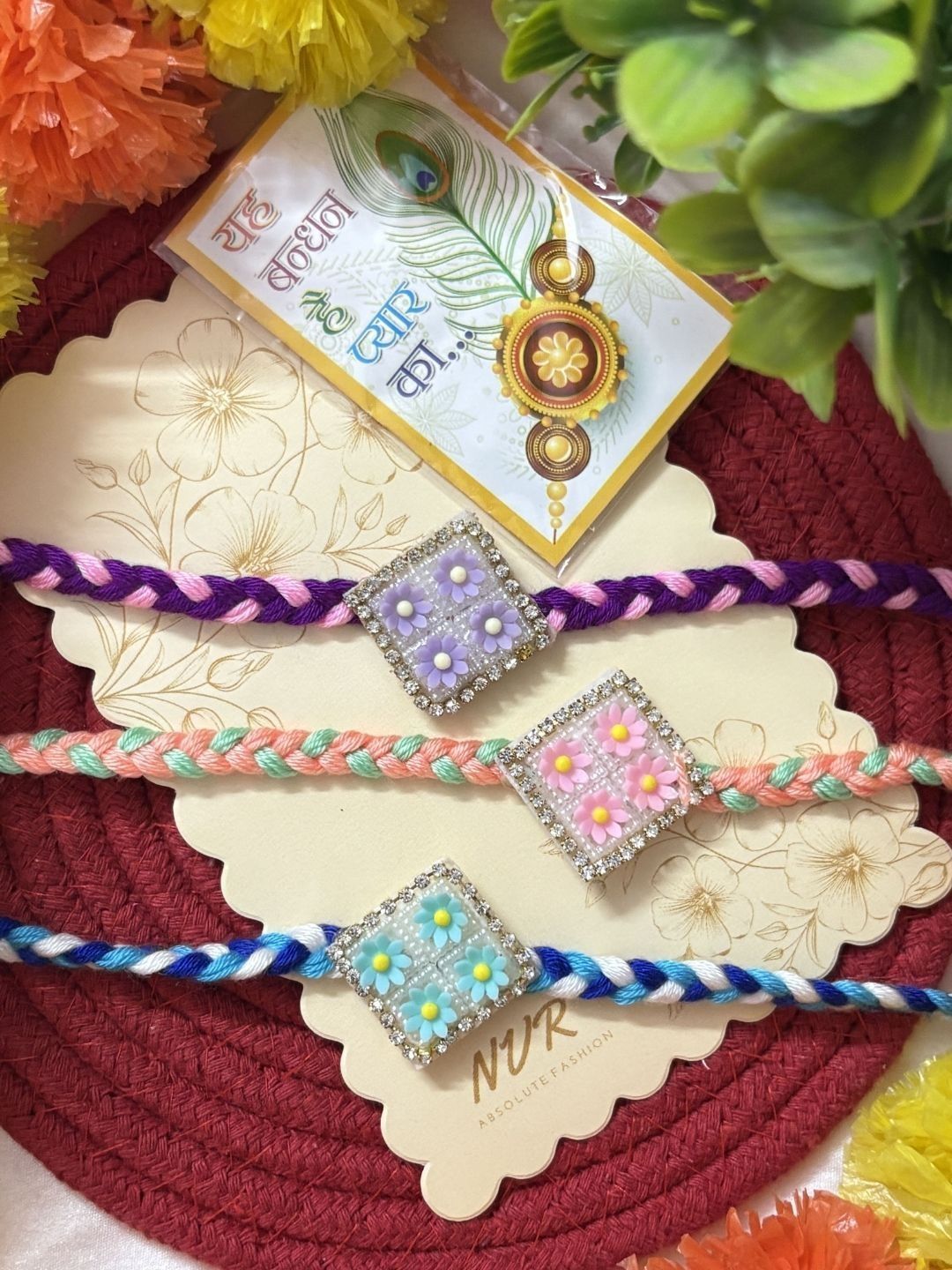 Dhiyona Set Of 3 Multicolor Ad Thread Rakhi With Roli Chawal Chandan Mishri