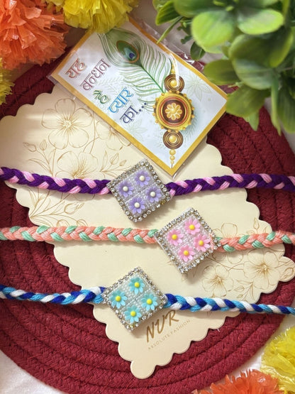 Dhiyona Set Of 3 Multicolor Ad Thread Rakhi With Roli Chawal Chandan Mishri