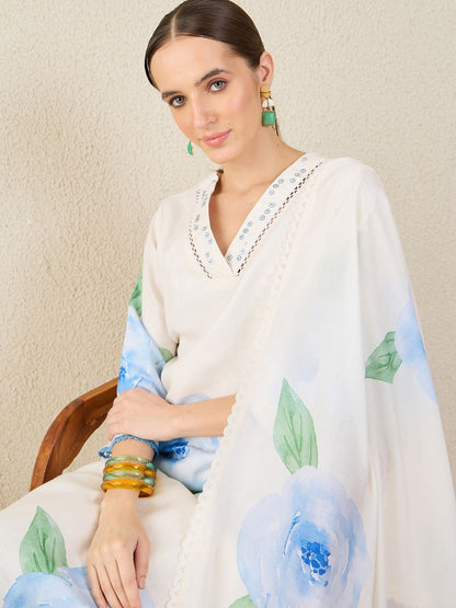 Women Floral Printed Regular Sequinned Linen Kurta with Trousers & Dupatta