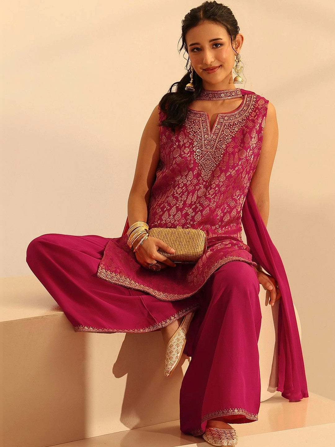 Rani Pink Woven Design Silk Blend Palazzo Suit Set
