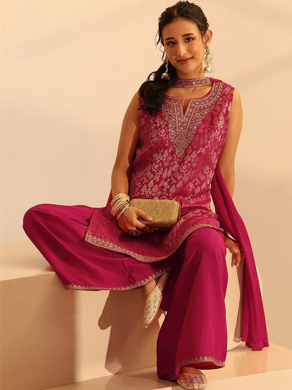 Rani Pink Woven Design Silk Blend Palazzo Suit Set
