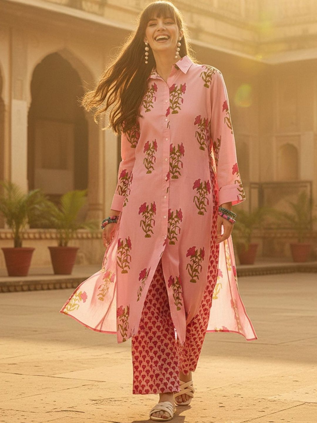 Dhiyona IE Floral Printed Shirt Collar Pure Cotton Straight Kurta With Trousers