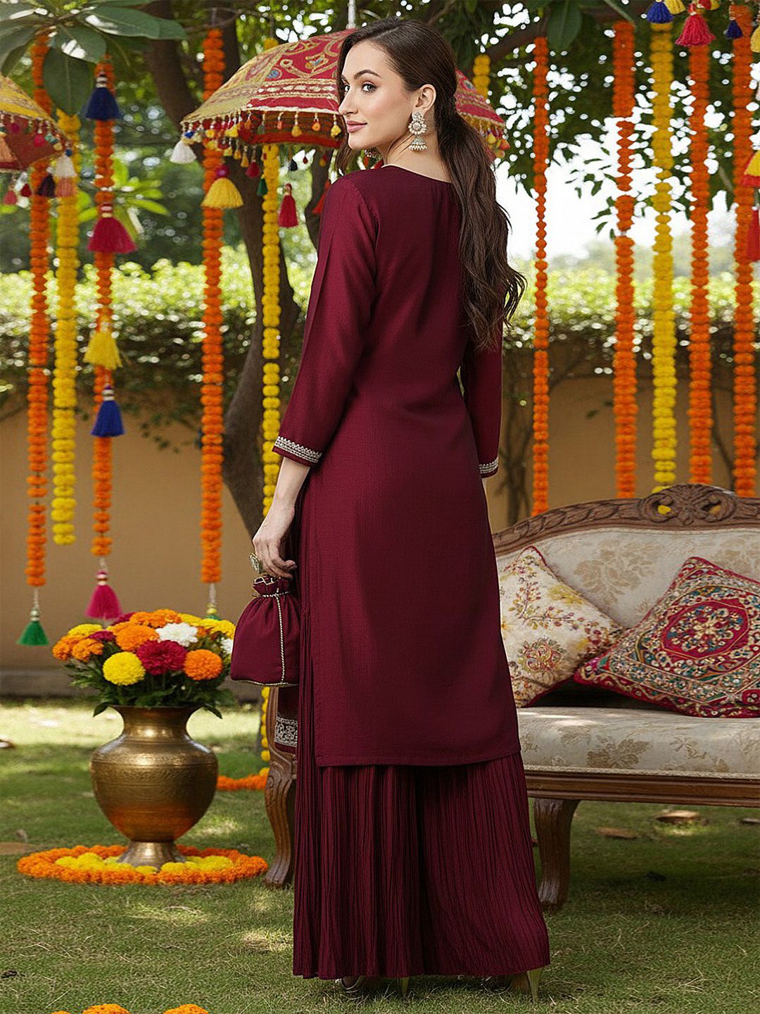 Dhiyona KL Floral Embroidered Thread Work Straight Kurta With Sharara & Dupatta