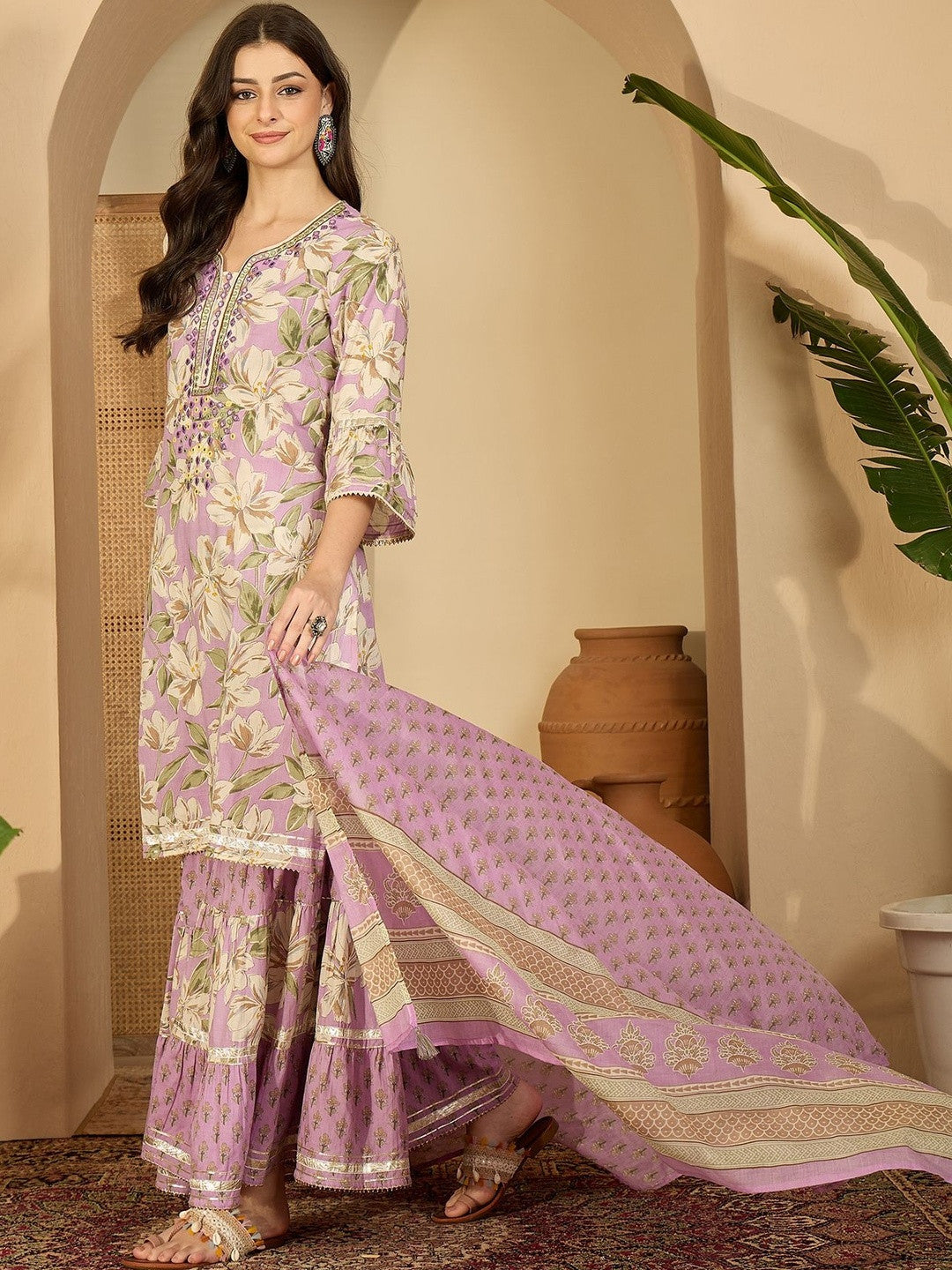 Floral Printed Notch Neck Thread Work Pure Cotton Kurta With Sharara & Dupatta