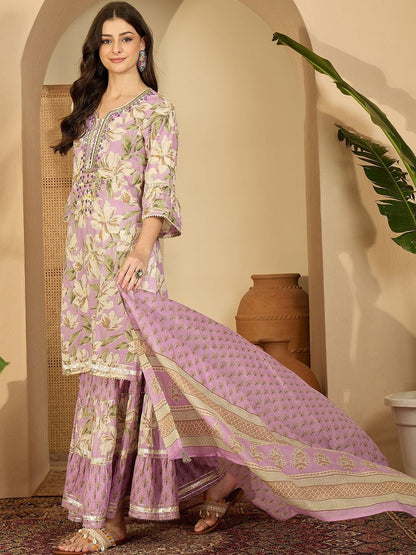 Floral Printed Notch Neck Thread Work Pure Cotton Kurta With Sharara & Dupatta
