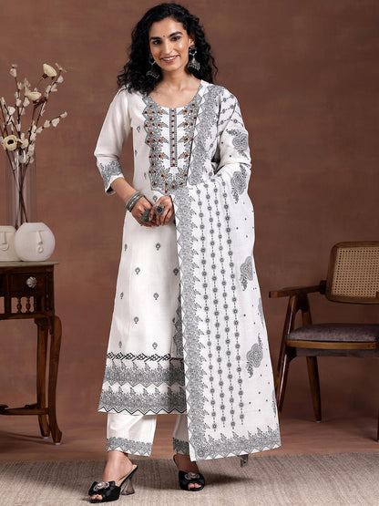 Women Ethnic Motifs Embroidered Regular Thread Work Linen Kurta with Trousers & With Dupatta