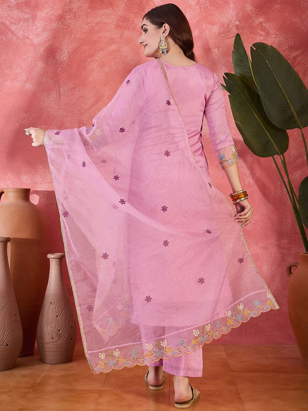 Floral Embroidered Thread Work Straight Kurta With Trousers & Dupatta
