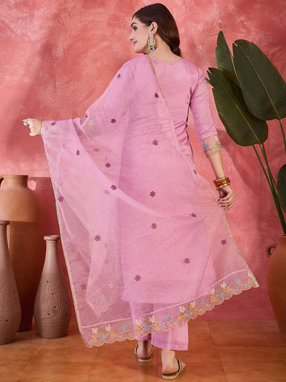 Floral Embroidered Thread Work Straight Kurta With Trousers & Dupatta