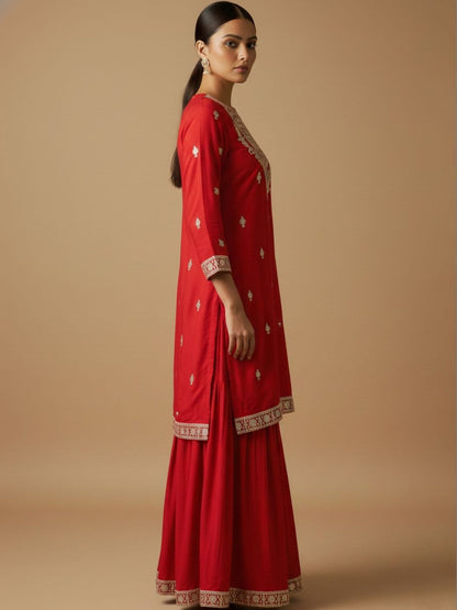 Dhiyona VA Women Ethnic Motifs Embroidered Regular Kurta with Sharara & With Dupatta