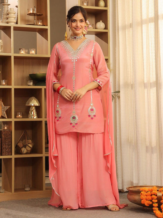 Dhiyona SC Ethnic Motifs Embroidered Thread Work Shimmer Tissue Kurti With Sharara Dupatta