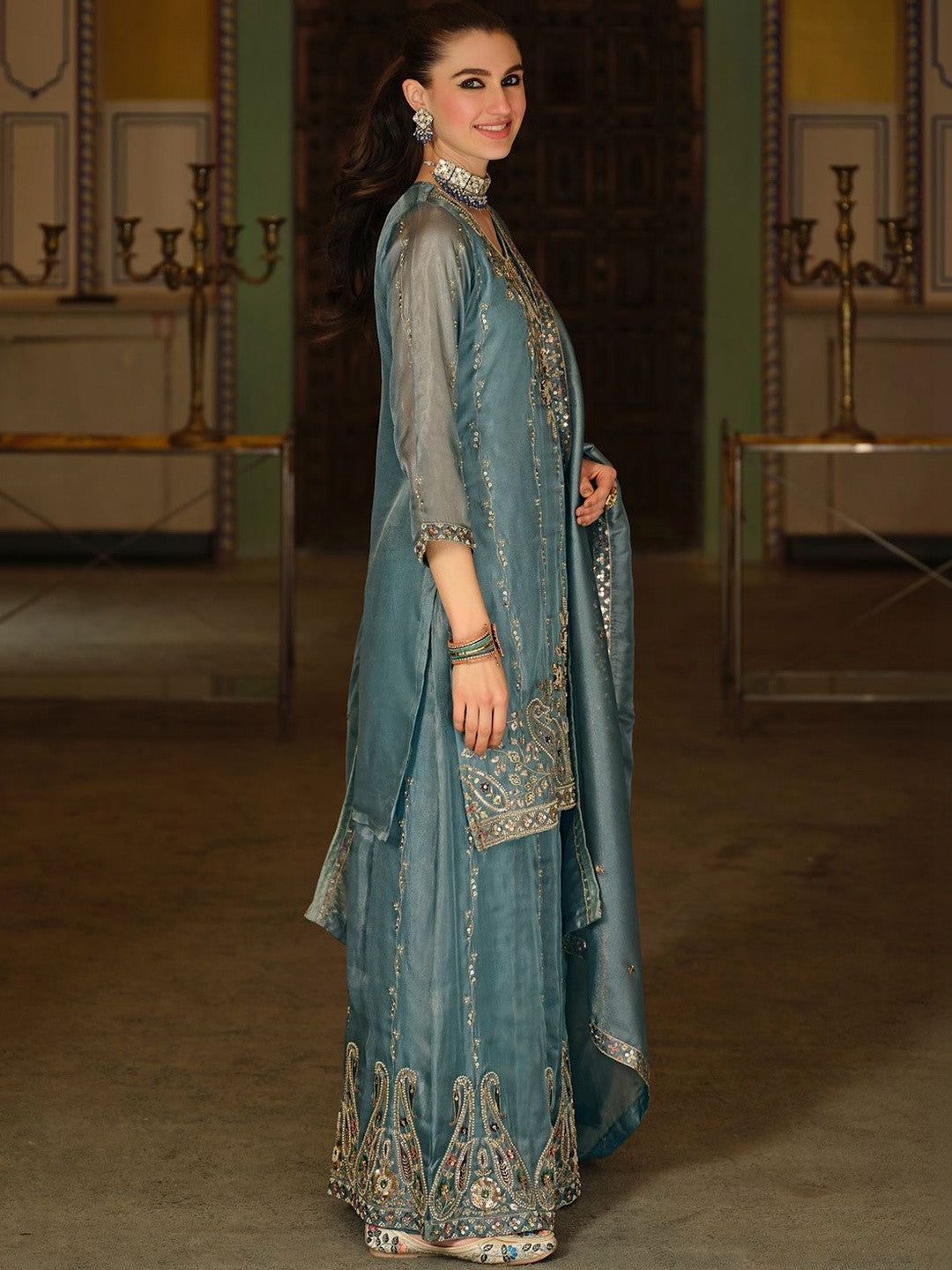 Ethnic Motifs Embroidered Regular Sequinned Kurta with Sharara & With Dupatta