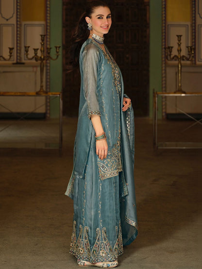 Ethnic Motifs Embroidered Regular Sequinned Kurta with Sharara & With Dupatta