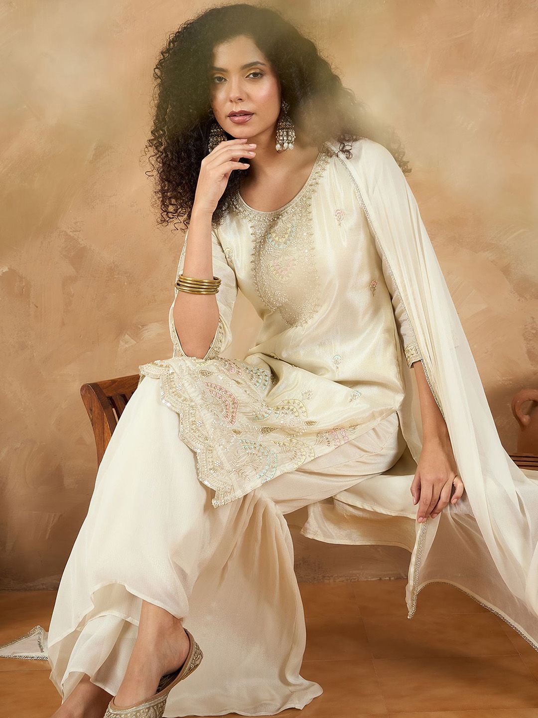 Dhiyona VA Women Embroidered Straight Kurta with Sharara & Dupatta
