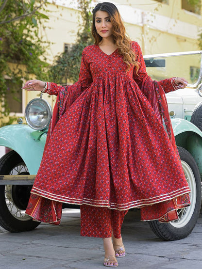 Dhiyona KL Women Red Pure Cotton Kurta Sets