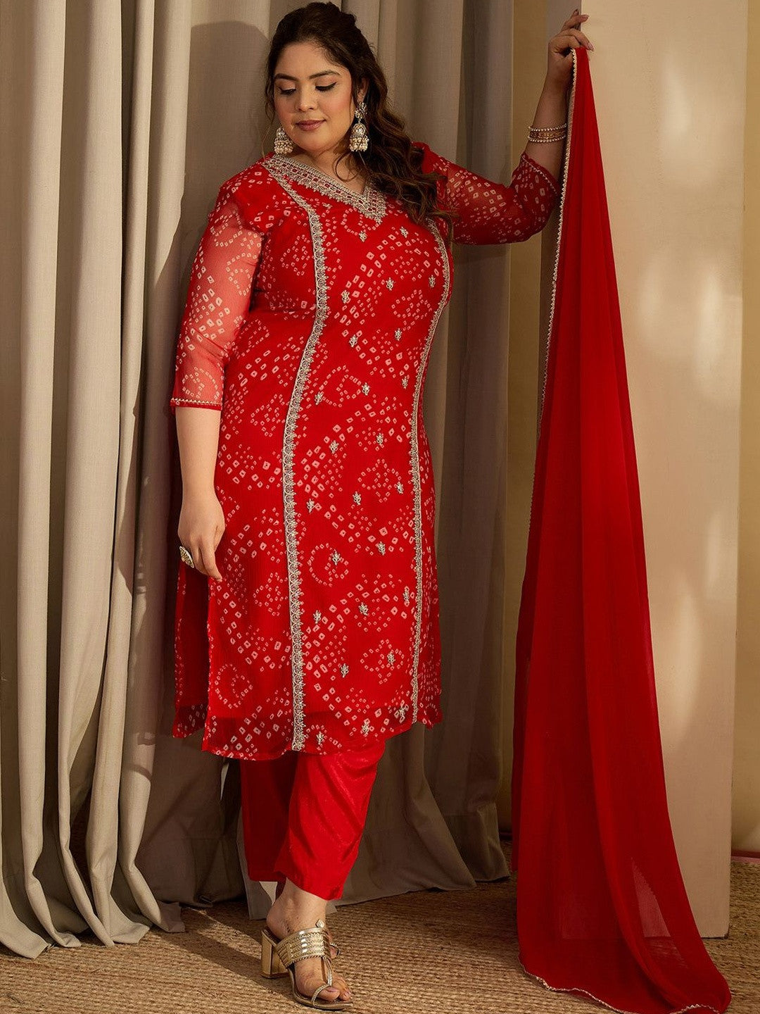 Plus Size Red Embroidered Straight Kurta Trousers With Dupatta Set