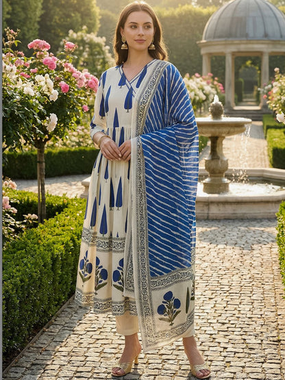 Women Ethnic Motifs Printed Angrakha Pure Cotton Kurta with Trousers & With Dupatta