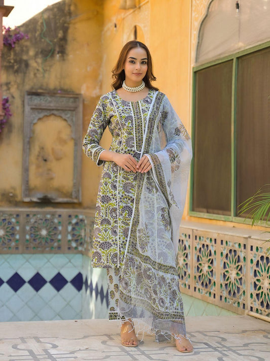 Dhiyona KL Women Sea Green Pure Cotton Kurta With Trousers & Dupatta