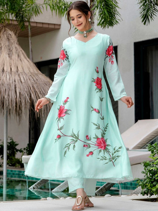 Dhiyona KL Floral Printed V-Neck A-Line Kurta With Trousers & Dupatta