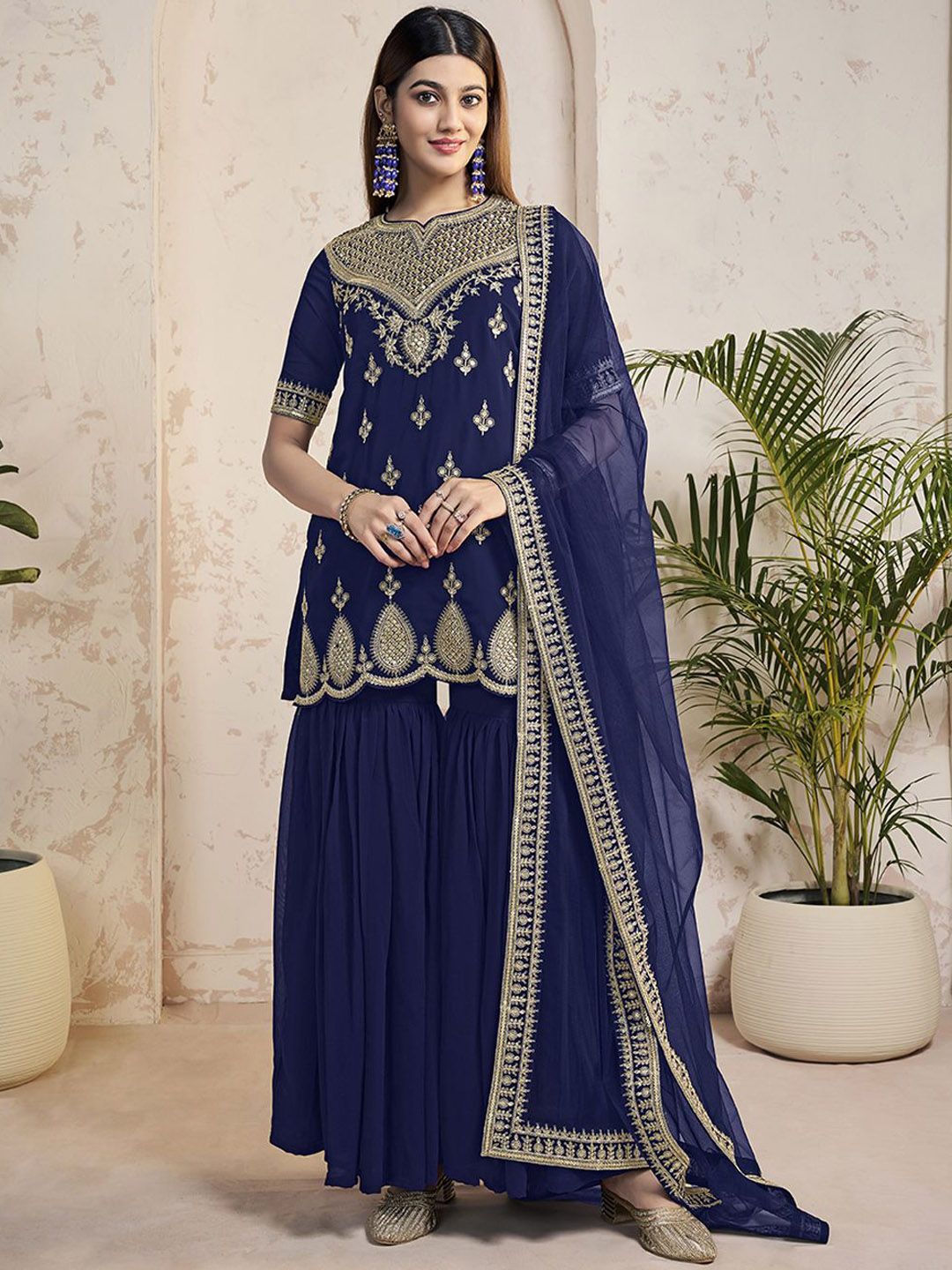 Dhiyona IN Women Ethnic Motifs Embroidered Regular Sequinned Kurta with Sharara & With Dupatta