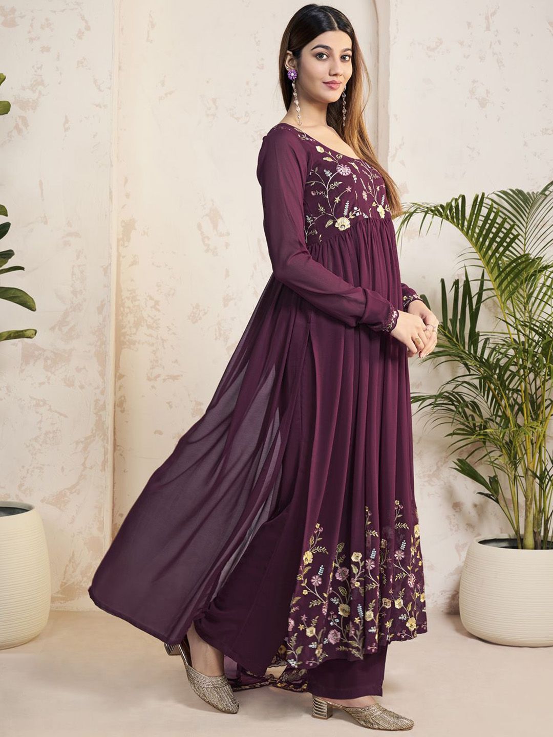 Dhiyona IN Floral Embroidered Thread Work Georgette A-Line Kurta With Palazzos And Dupatta