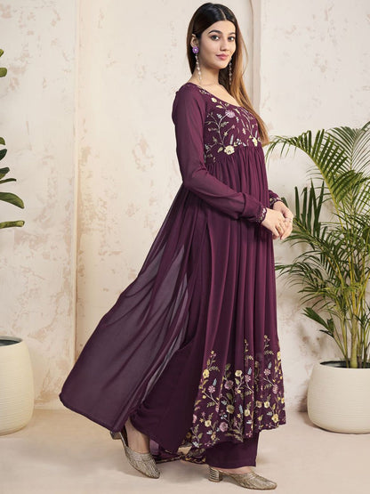 Dhiyona IN Floral Embroidered Thread Work Georgette A-Line Kurta With Palazzos And Dupatta