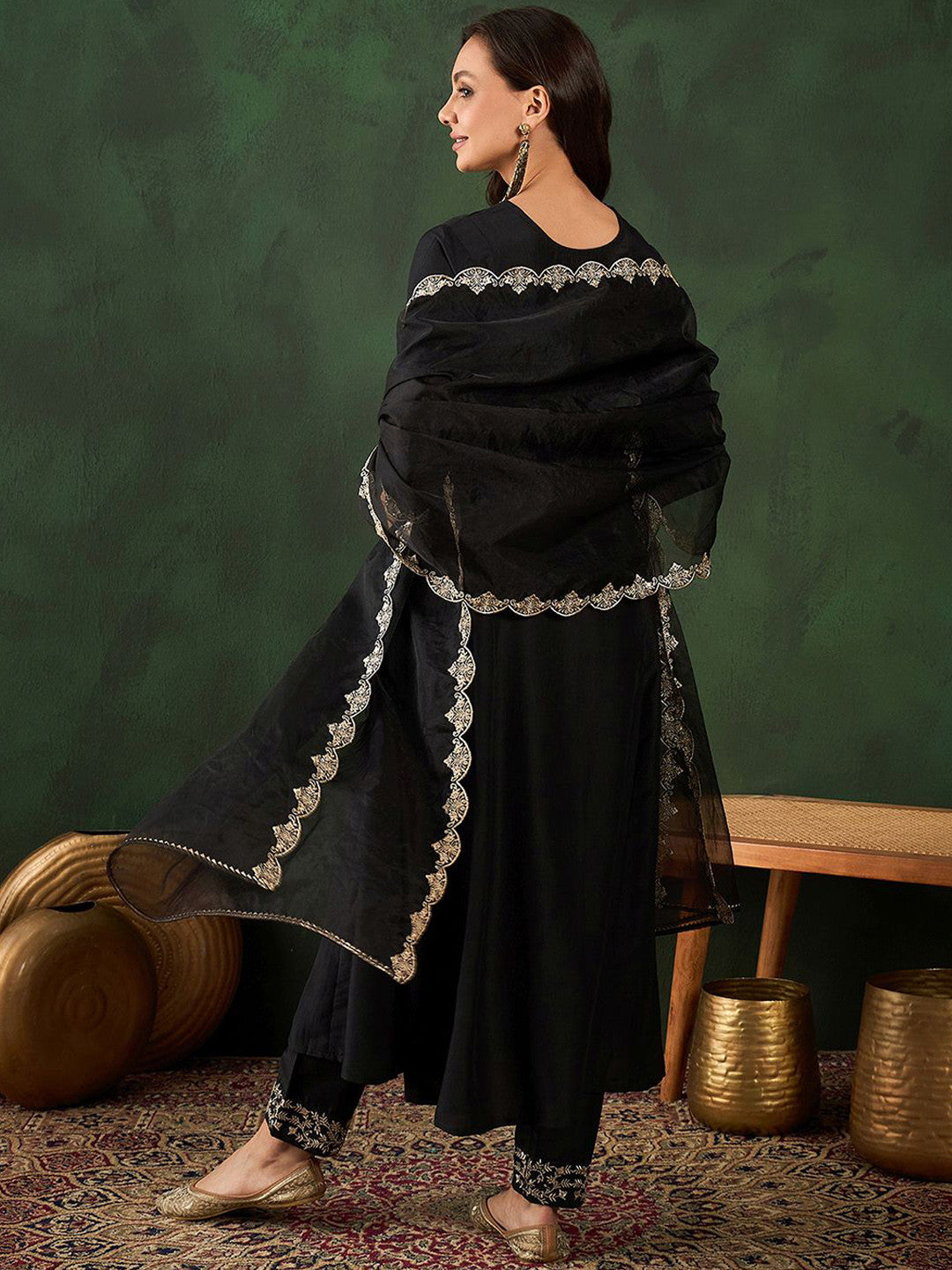 Black Floral Embroidered Round Neck Zari A-Line Kurta With Trouser & Dupatta