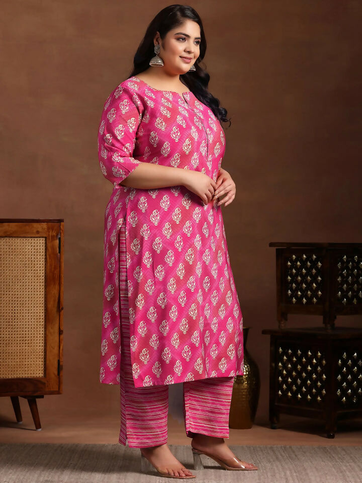 Women's LB Plus Size Pink Printed Silk Blend Straight Suit With Dupatta