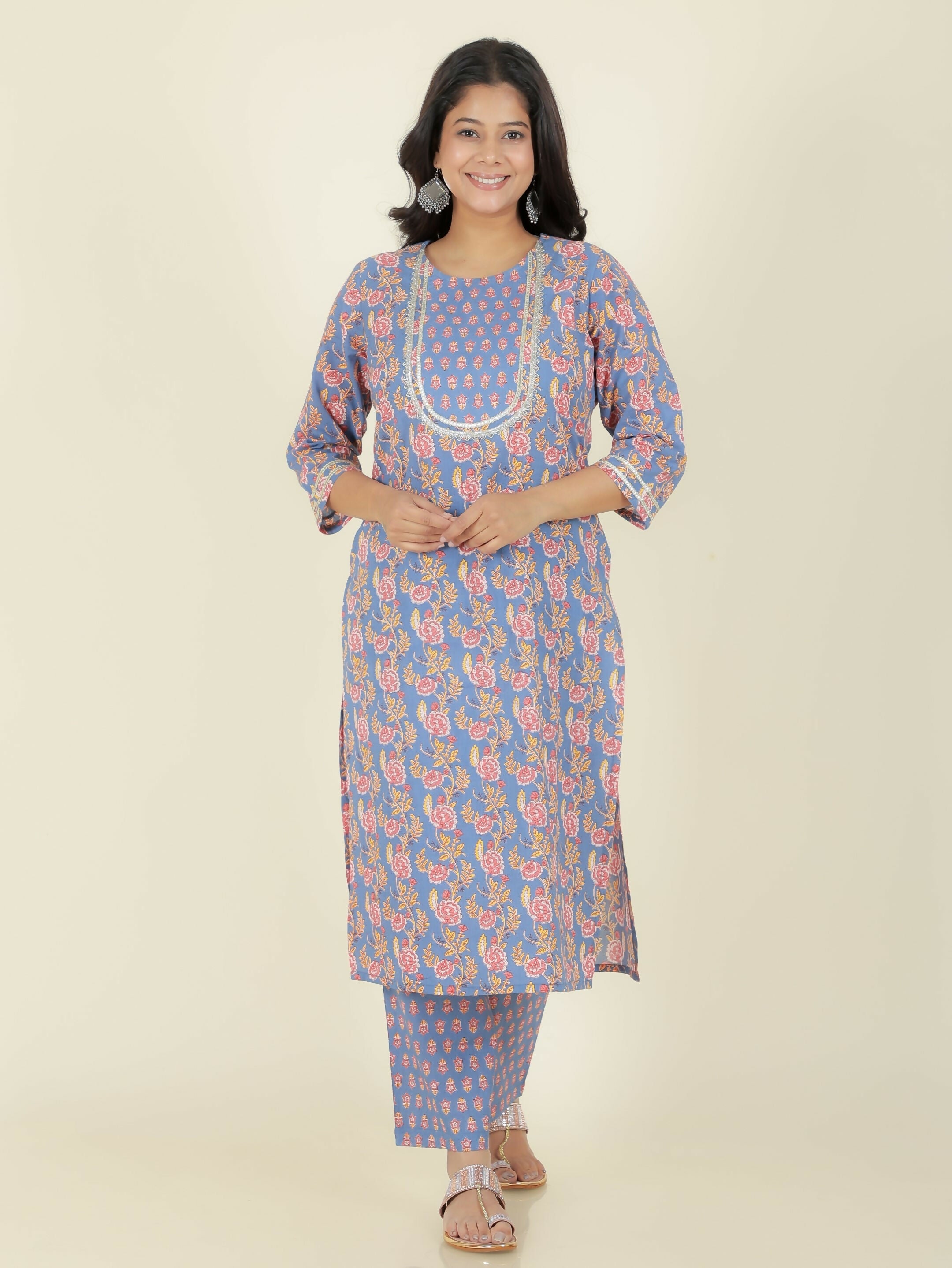 Women's Straight Soft Cotton Floral Print Women's Kurta Set - Blue