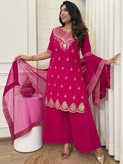 Dhiyona KL Ethnic Motifs Embroidered Notch Neck Thread Work Kurta With Sharara & Dupatta