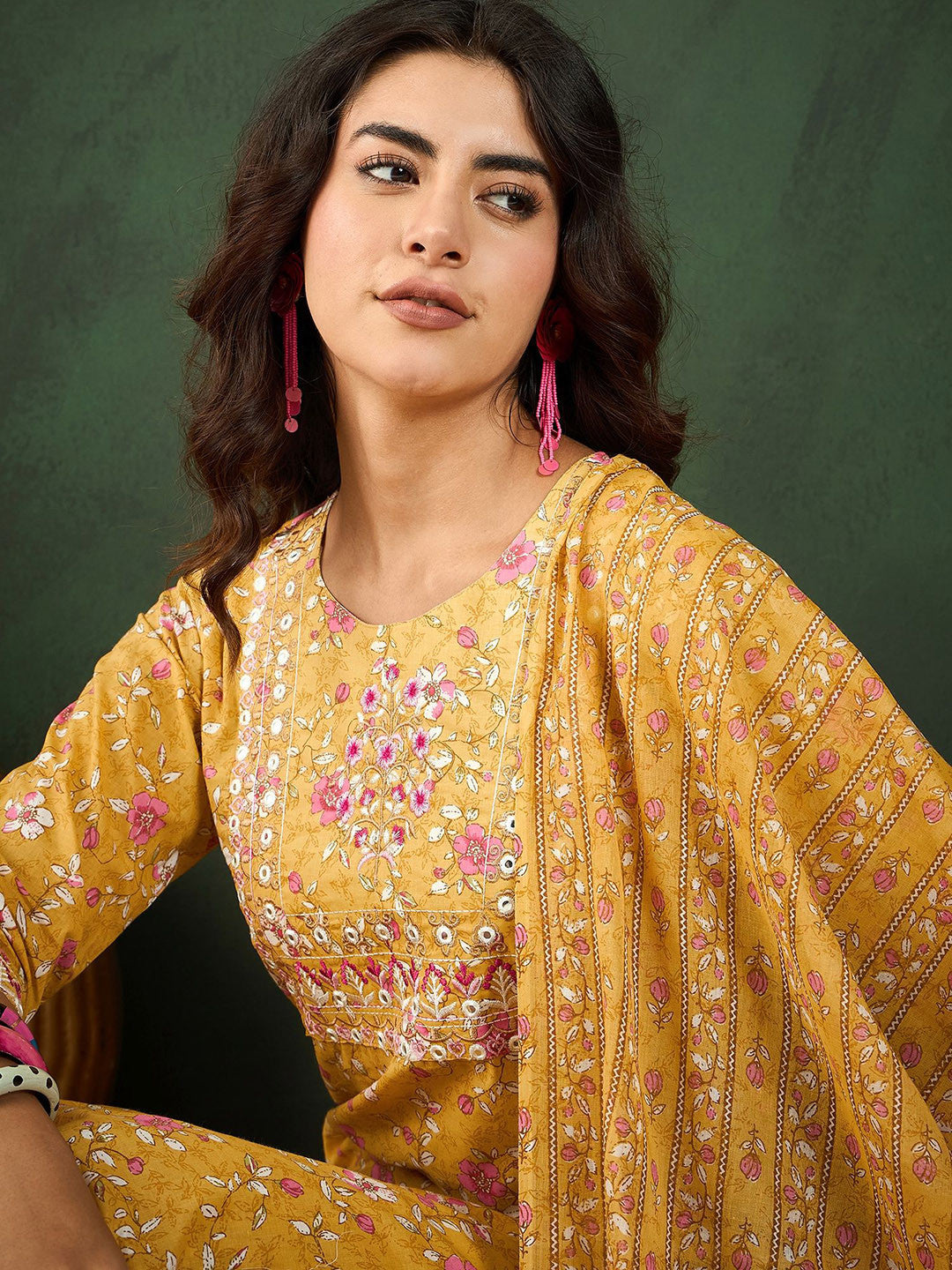 Printed & Thread Work Pure Cotton Kurta With Trousers & Dupatta Set