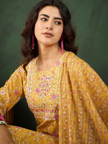 Printed & Thread Work Pure Cotton Kurta With Trousers & Dupatta Set