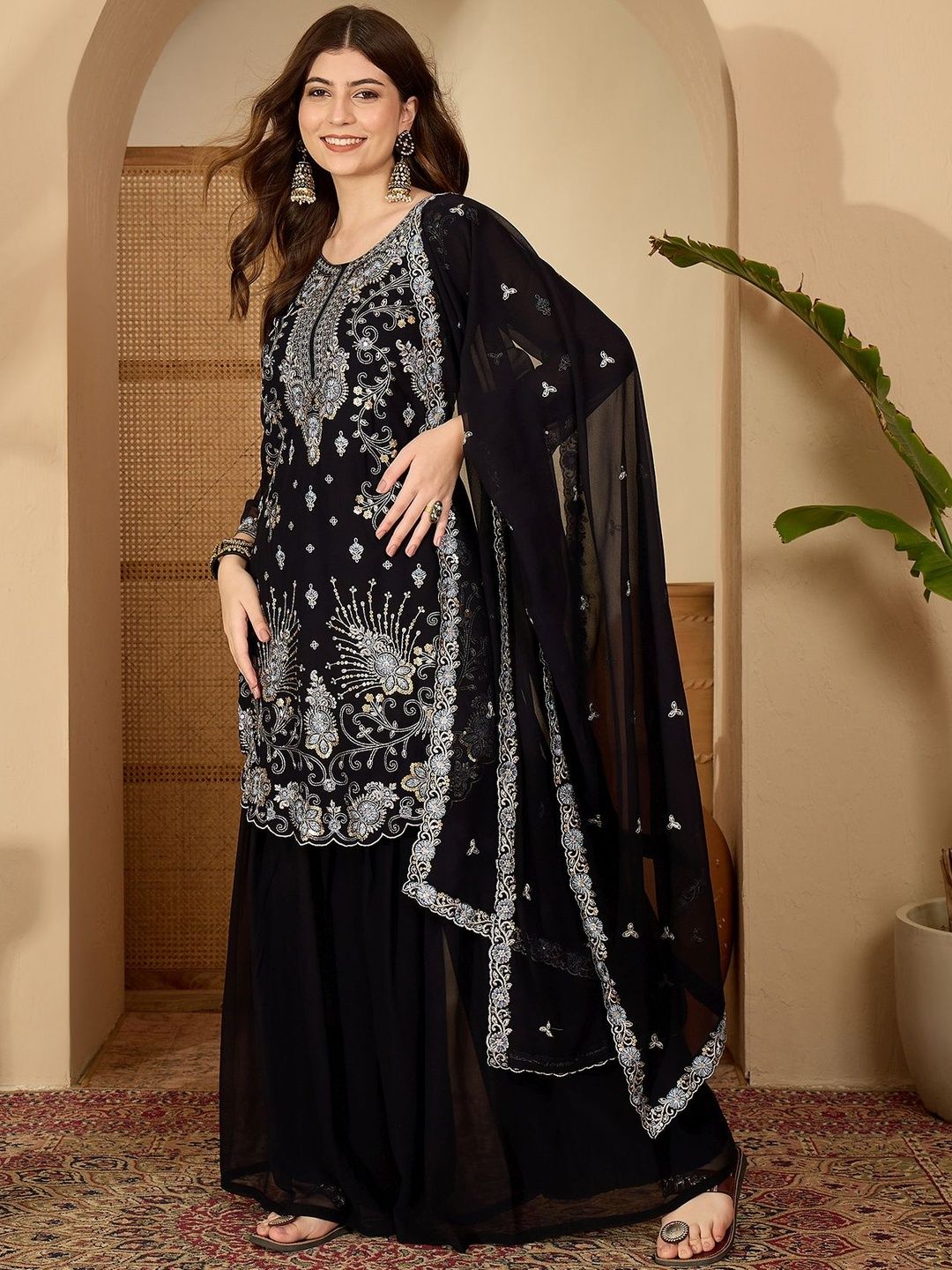Dhiyona SN Ethnic Motifs Embroidered Sequinned Kurta With Sharara & Dupatta