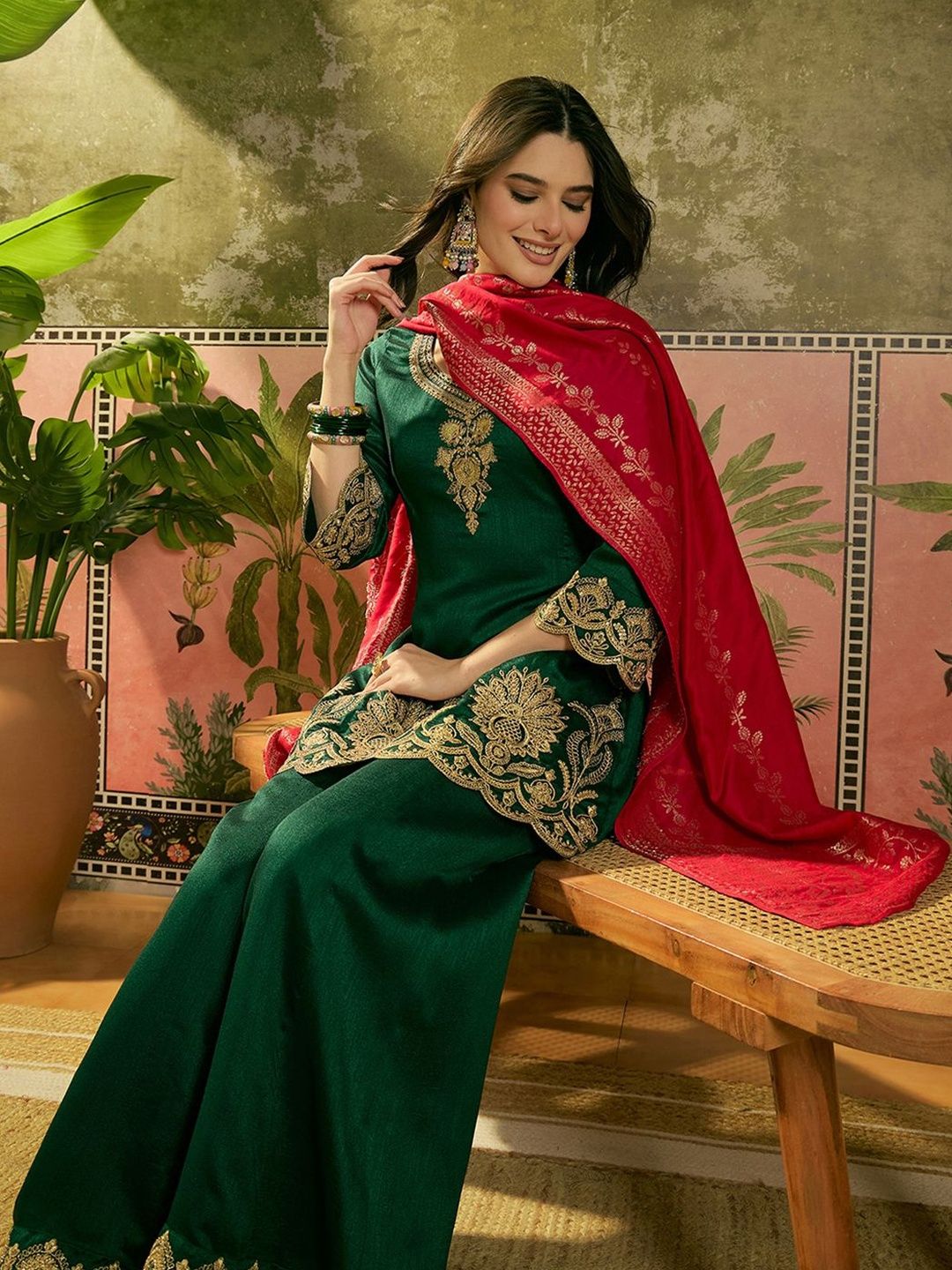 Dhiyona SN Embroidered A-Line Kurta With Palazzo & Dupatta