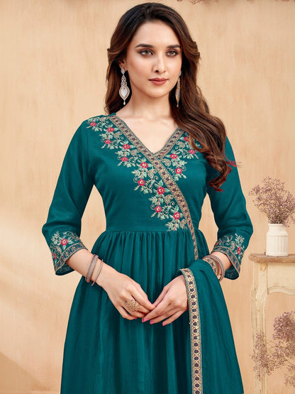 Embroidered V-Neck Kurta & Palazzos With Dupatta