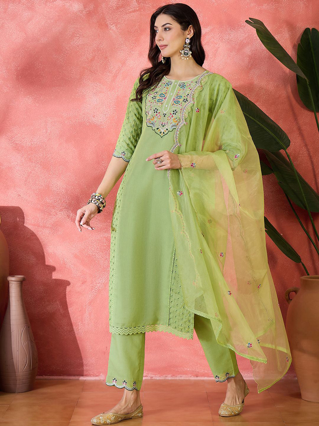 Women Ethnic Embroidered Straight Kurta & Trousers With Dupatta