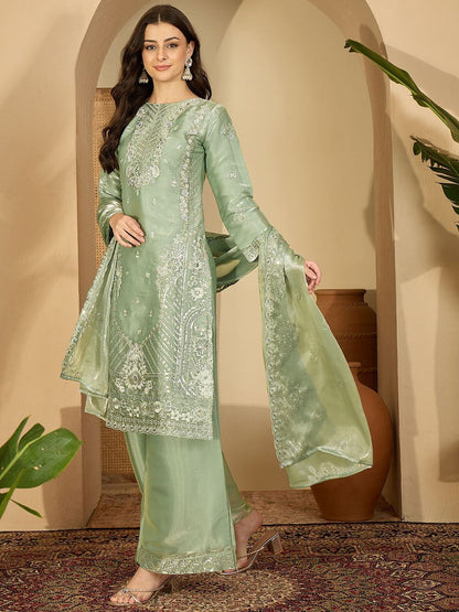 Dhiyona SN Women Floral Embroidered Silk Kurta with Palazzos & Dupatta