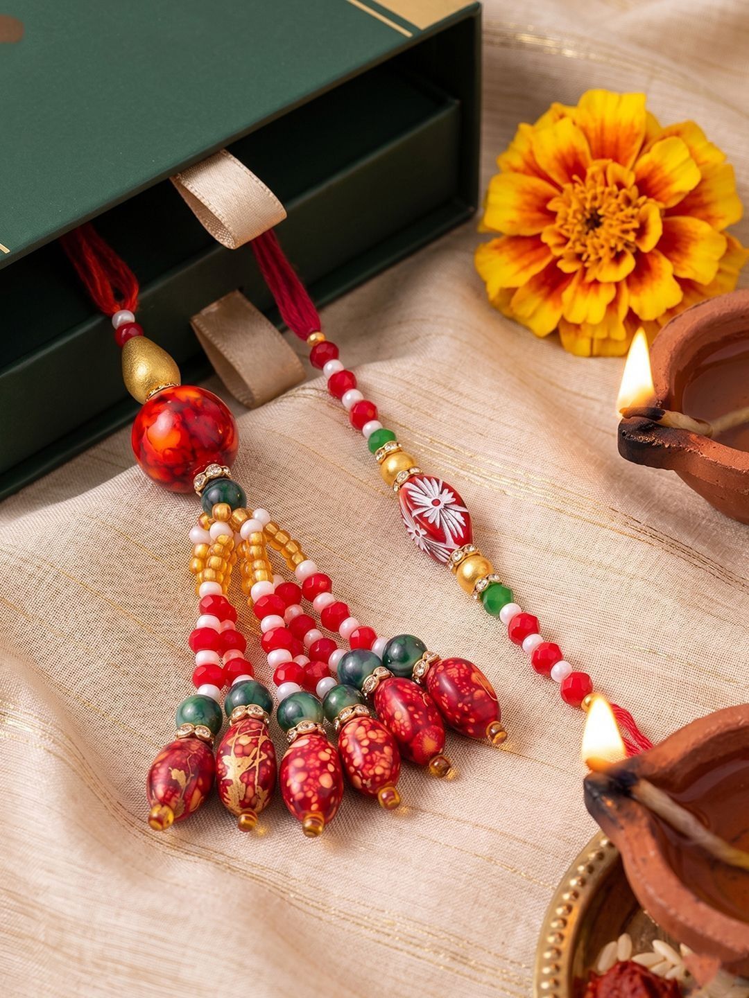 Dhiyona Set Of 2 Designer Red Artificial Beads Bhaiya Bhabhi Rakhi With Roli Chawal Chandan