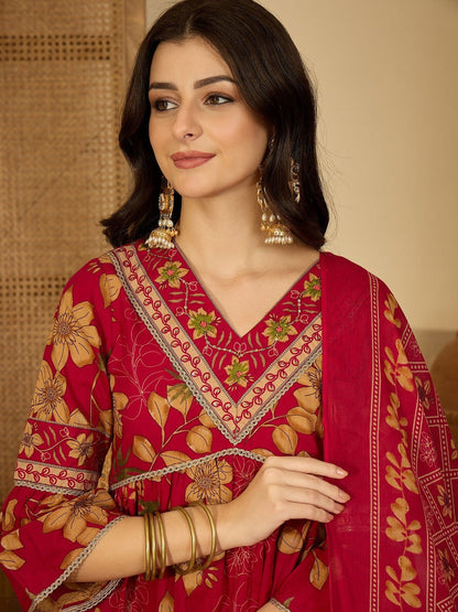 Women Printed Angrakha Thread Work Pure Cotton Kurta with Trousers & Dupatta