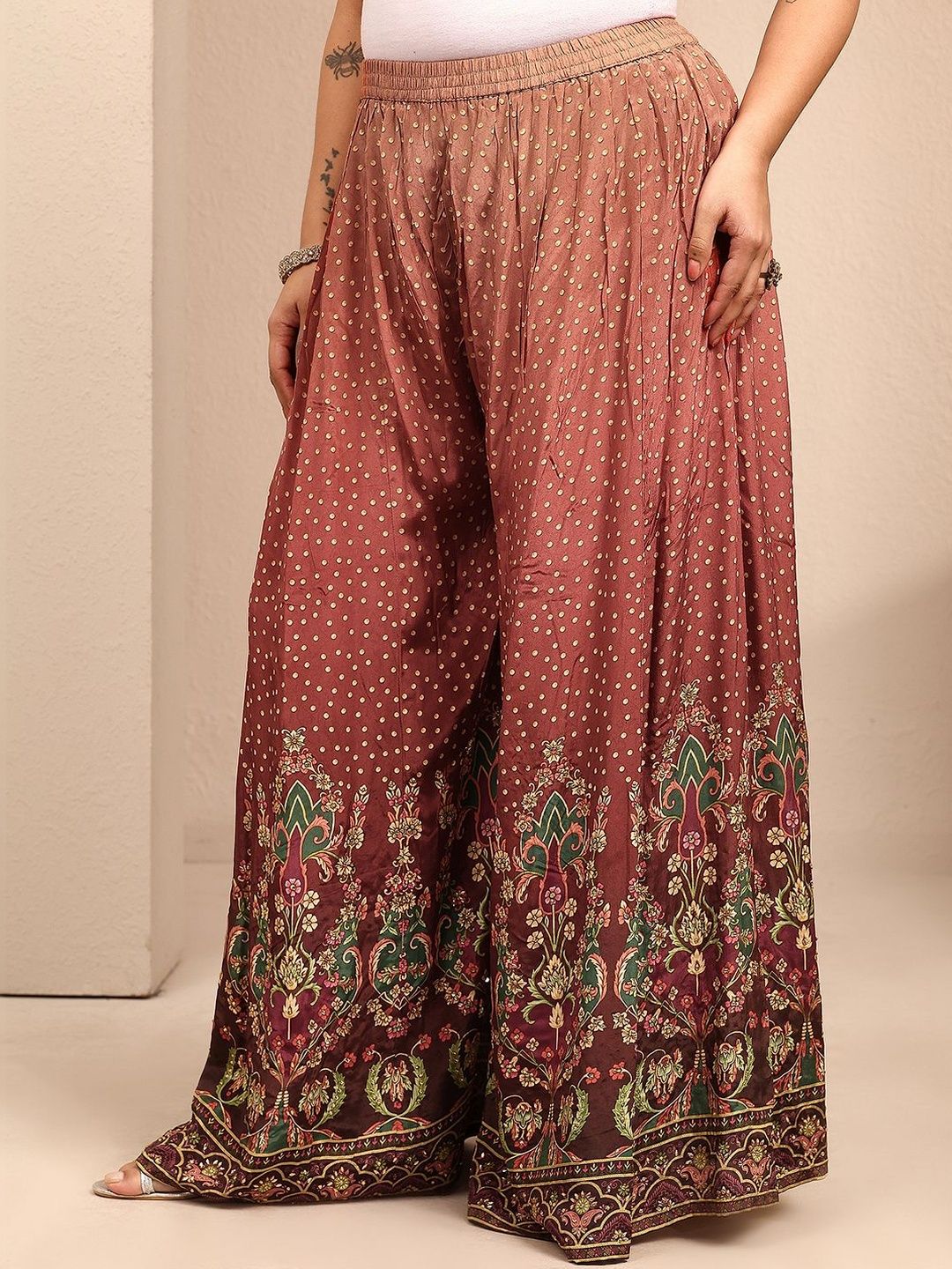 Dhiyona Women's Ethnic Motifs Printed Regular Silk Crepe Kurta with Palazzos & With Dupatta