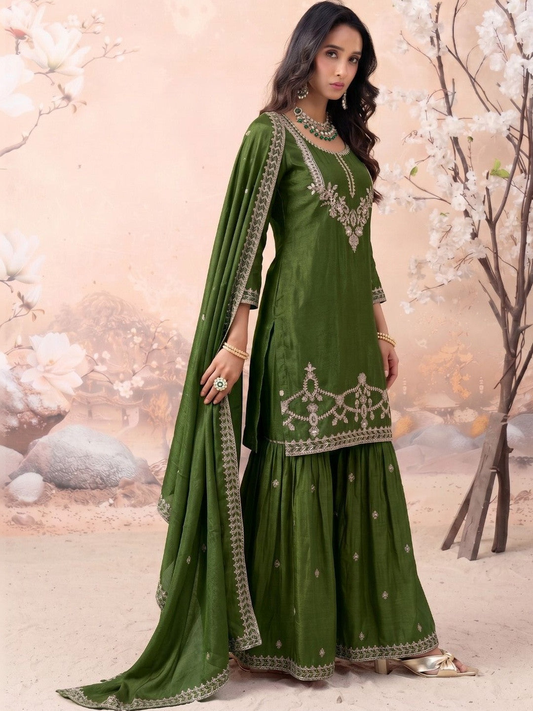 Women Ethnic Motifs Embroidered Regular Thread Work Kurta with Sharara & With Dupatta