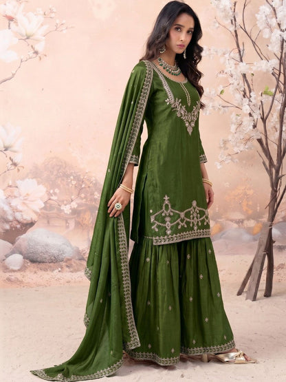Women Ethnic Motifs Embroidered Regular Thread Work Kurta with Sharara & With Dupatta