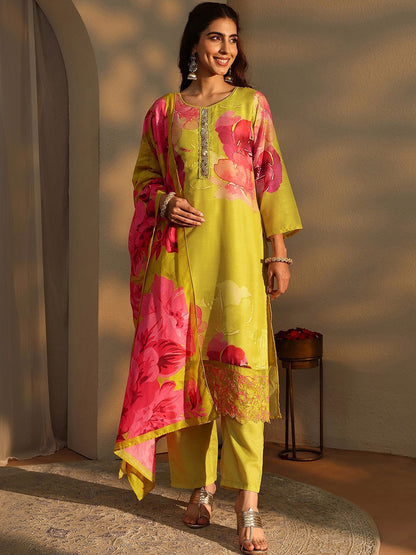 Women Floral Printed Regular Mirror Work Kurta with Trousers & With Dupatta
