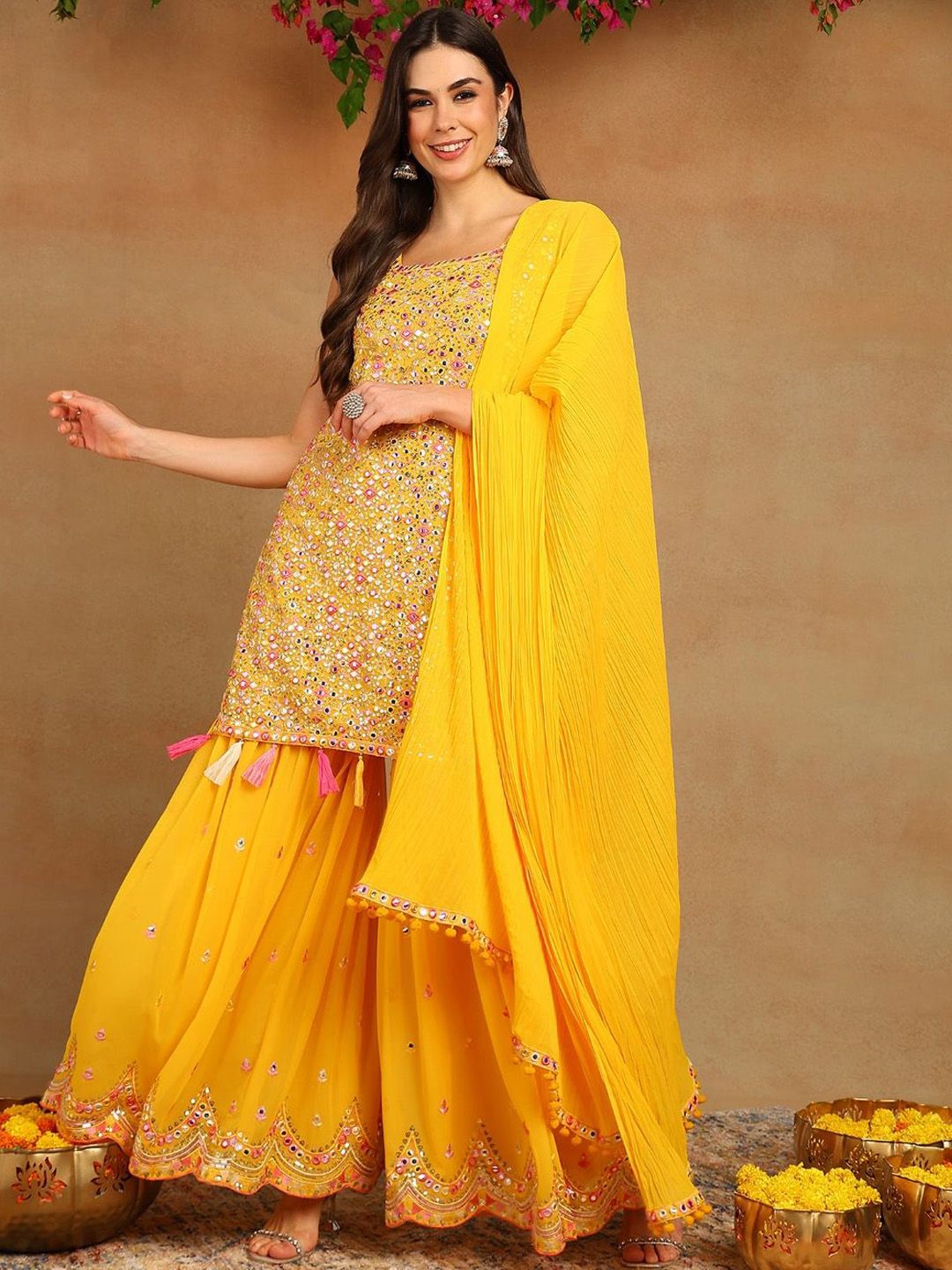 Dhiyona KL Women Floral Embroidered Regular Mirror Work Kurta with Sharara & With Dupatta